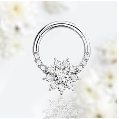 16G Silver Sparkling Stone Flower 8mm Surgical Steel Seamless Hinged Septum Clicker Ring.