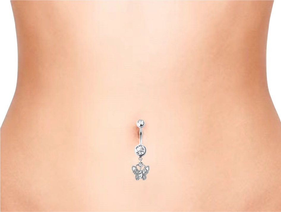 Silver Dangling Butterfly Surgical Steel Dangling Belly Button Ring