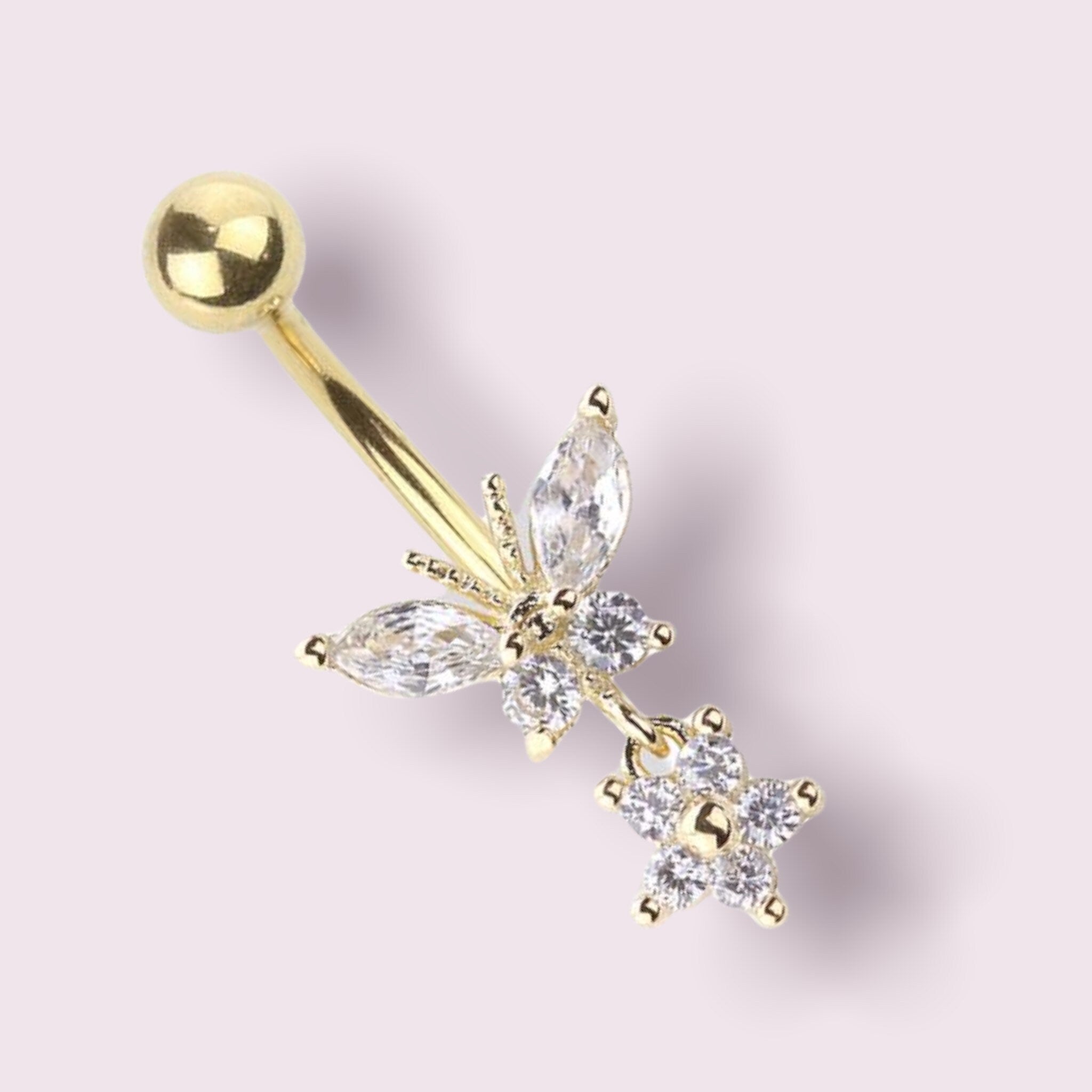 Gold Butterfly Flower Surgical Steel Dangling Belly Button Ring