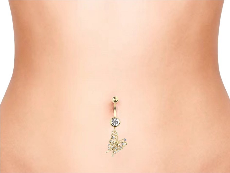 Gold Flying Butterfly Surgical Steel dangling Belly Button Ring