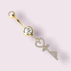 Gold Heart & Key Surgical Steel Dangling Belly Button Ring