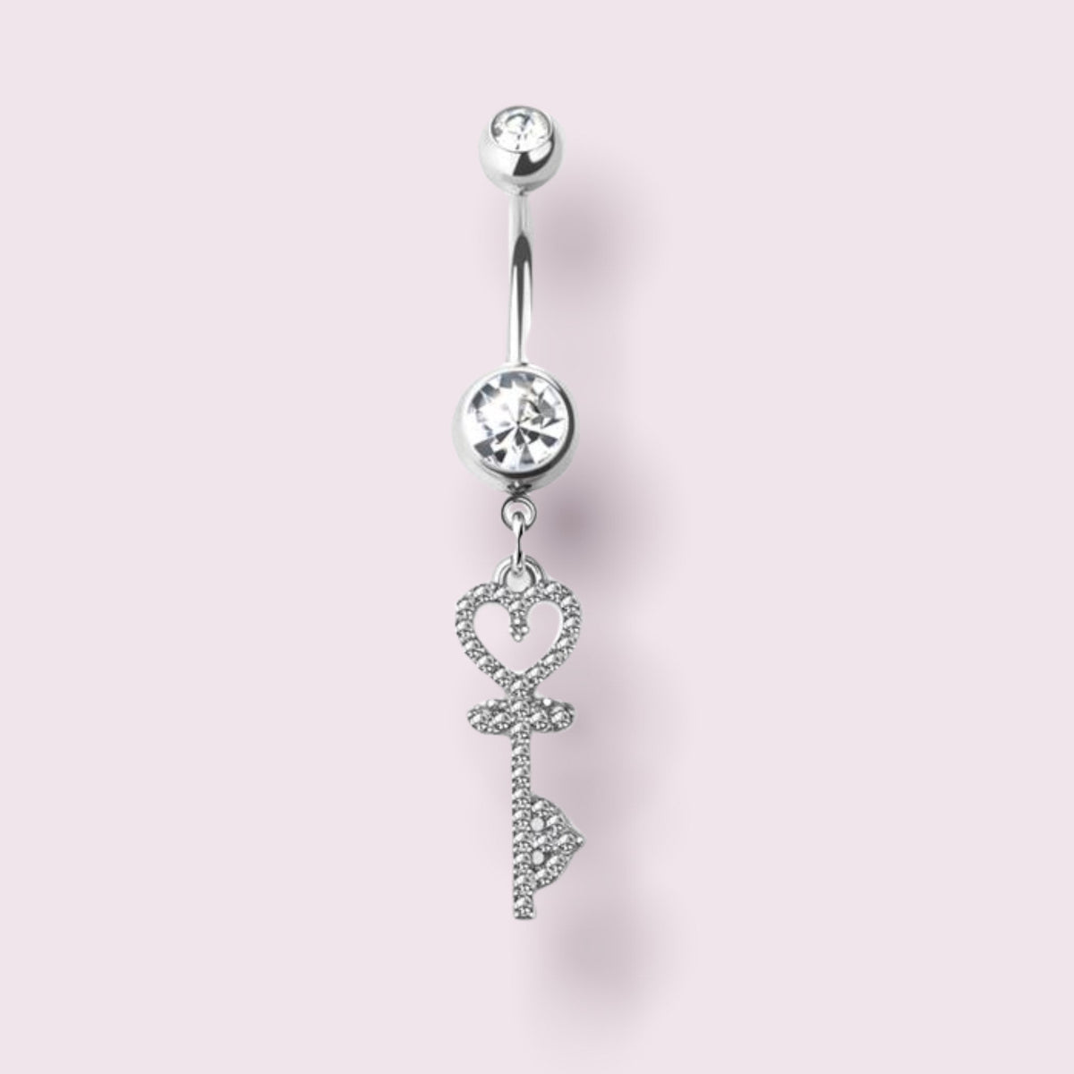 Silver Heart & Key Dangling Surgical Steel Dangling Belly Button Ring