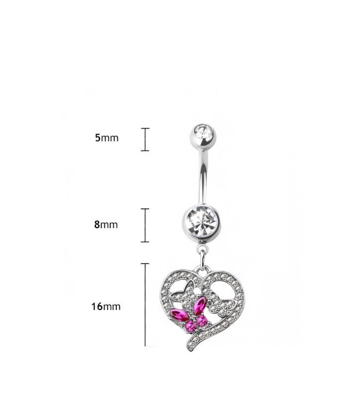 Silver Heart with Pink Butterfly Dangling Belly Button Ring