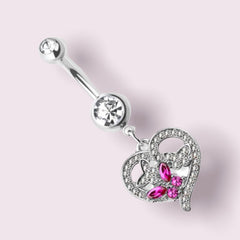 Silver Heart with Pink Butterfly Dangling Belly Button Ring