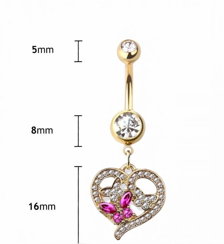 Gold Heart Pink Butterfly Dangling Belly Button Ring