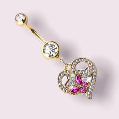 Gold Heart Pink Butterfly Dangling Belly Button Ring