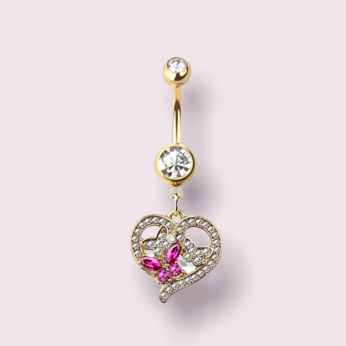 Gold Heart Pink Butterfly Dangling Belly Button Ring