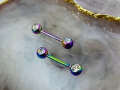 Pair of 14G Rainbow Front Facing Clear Gems Nipple Barbell. Nipple Jewelry. Nipple Piercing.