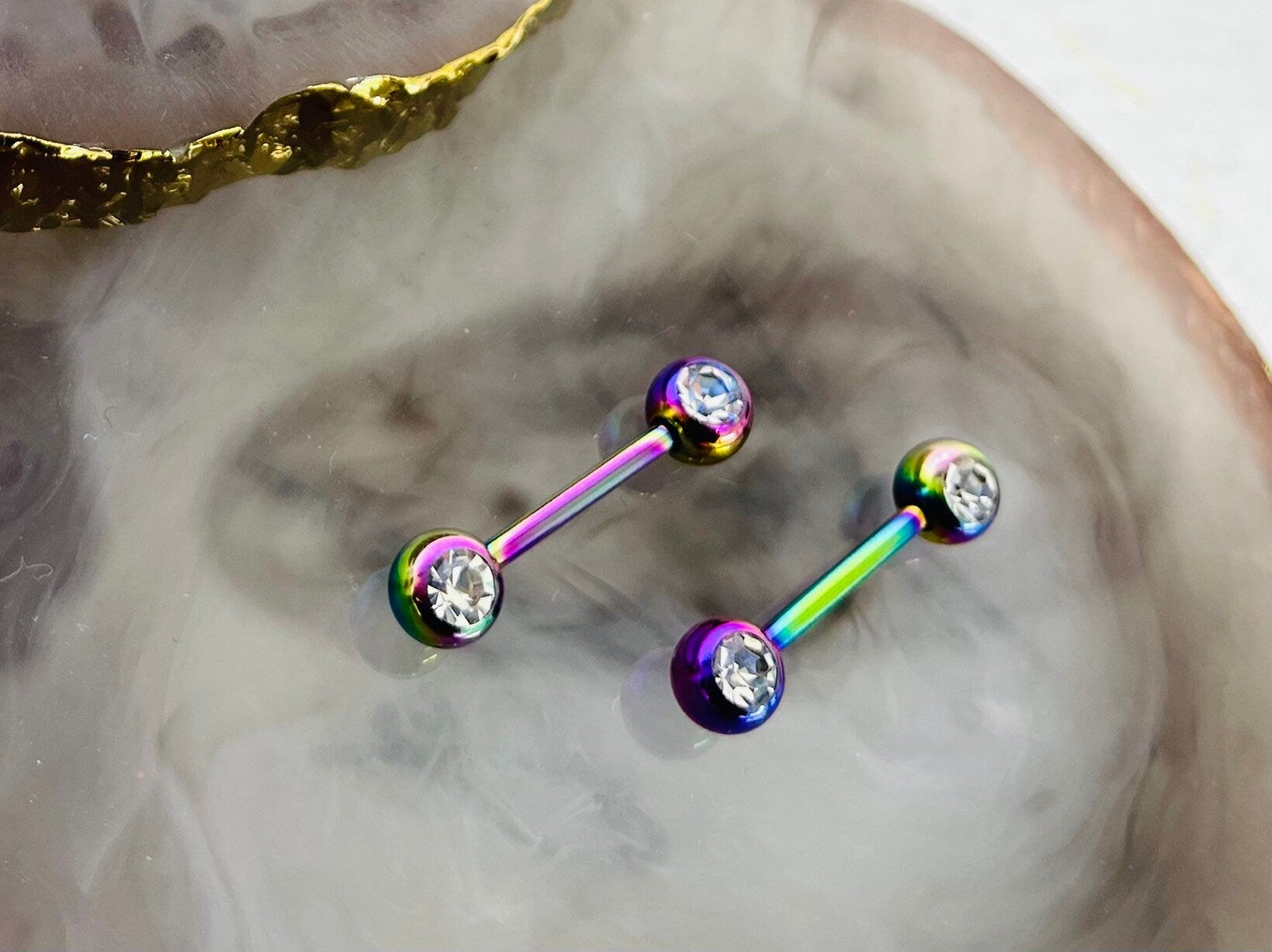 Pair of 14G Rainbow Front Facing Clear Gems Nipple Barbell. Nipple Jewelry. Nipple Piercing.