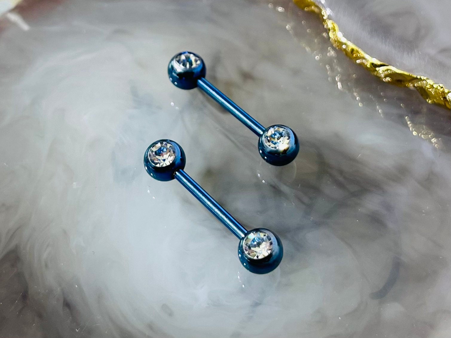 14G Blue Barbell Clear Gems Nipple Barbell. Nipple Jewelry. Nipple Piercing.