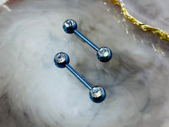 14G Blue Barbell Clear Gems Nipple Barbell. Nipple Jewelry. Nipple Piercing.