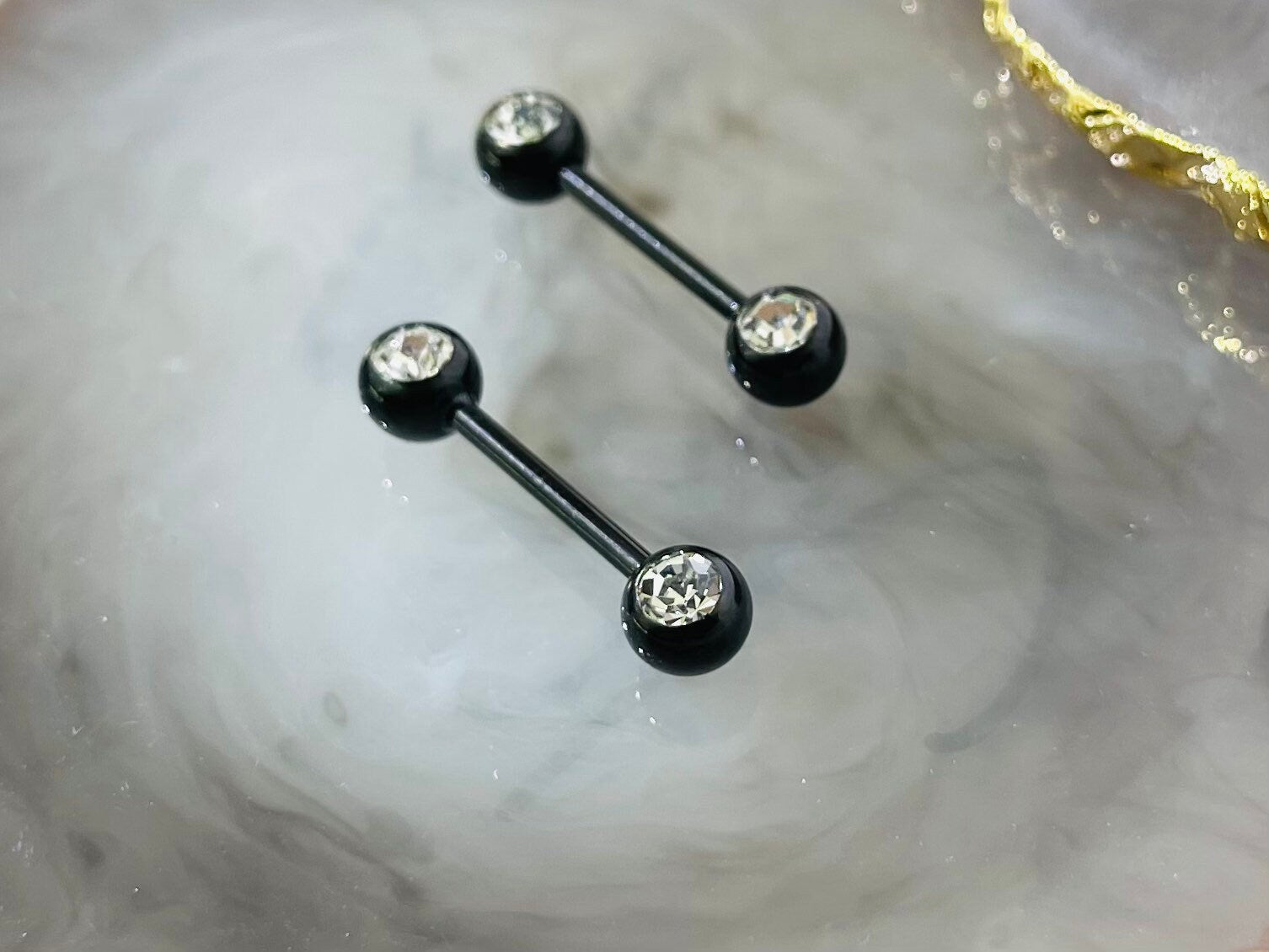 Pair of 14G Black Front Facing Clear Gems Nipple Barbell. Nipple Jewelry. Nipple Piercing.