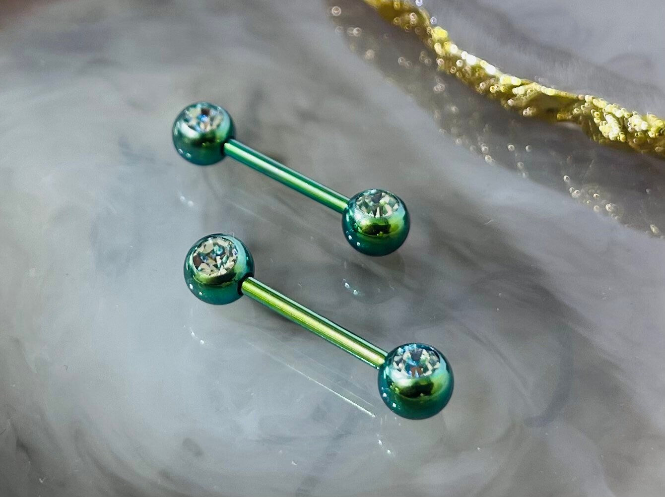 Pair of 14G Green Front Facing Clear Gems Nipple Barbell. Nipple Jewelry. Nipple Piercing.