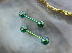 Pair of 14G Green Front Facing Clear Gems Nipple Barbell. Nipple Jewelry. Nipple Piercing.