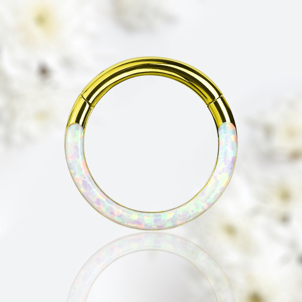 16G Surgical Steel Gold White Opal Inlay Front Facing 10MM/8MM Septum Clicker Ring. Septum Piercing. Septum Ring. Nose Ring.