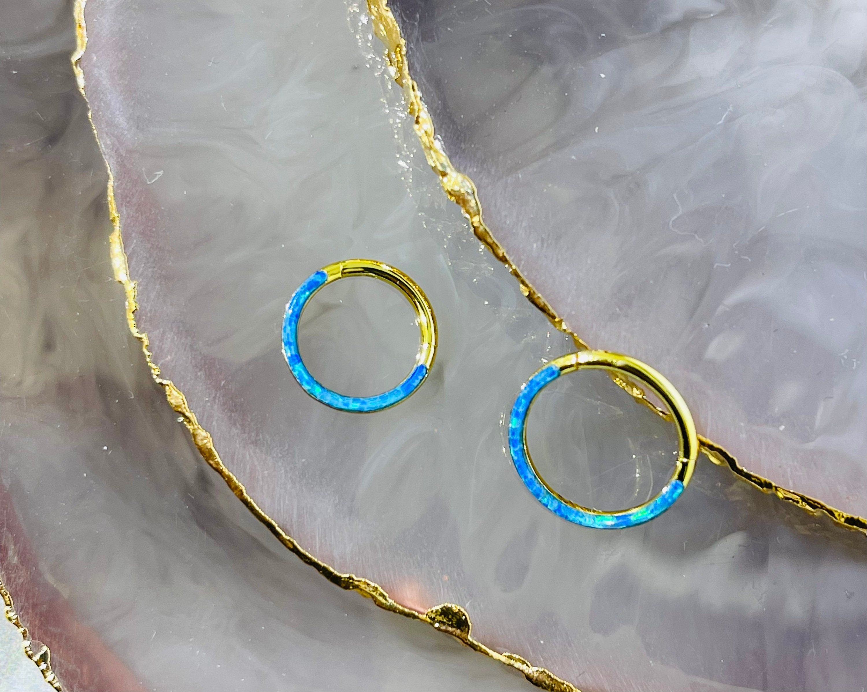 16G Surgical Steel Gold Blue Opal Inlay Front Facing Septum Clicker Ring. Septum Piercing.