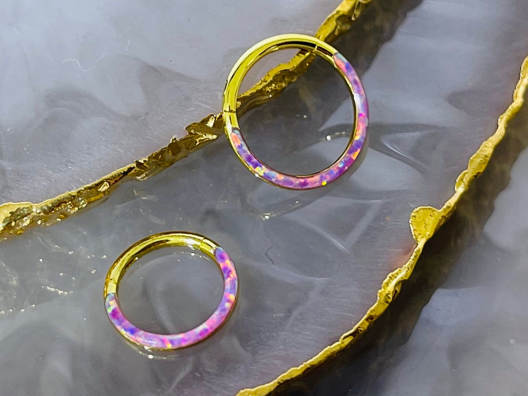 16G Surgical Steel Gold Pink Opal Inlay Front Facing Septum Clicker Ring. Septum Piercing.