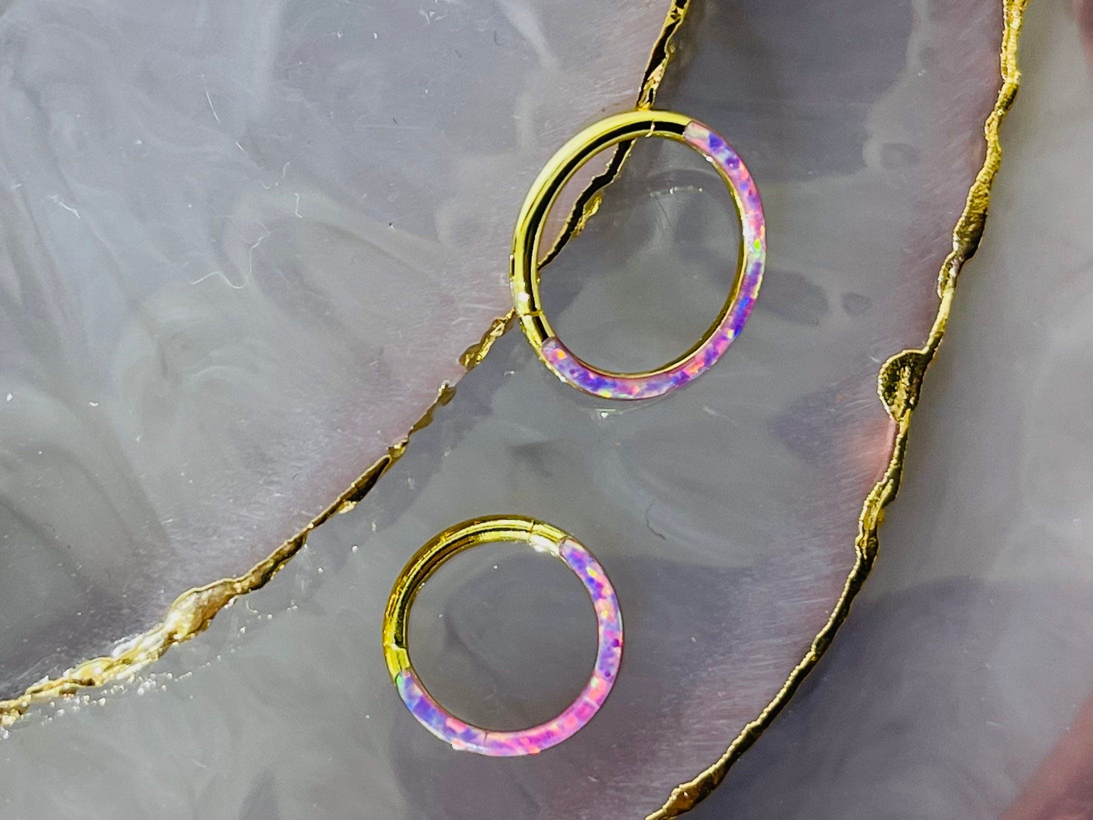 16G Surgical Steel Gold Pink Opal Inlay Front Facing Septum Clicker Ring. Septum Piercing.