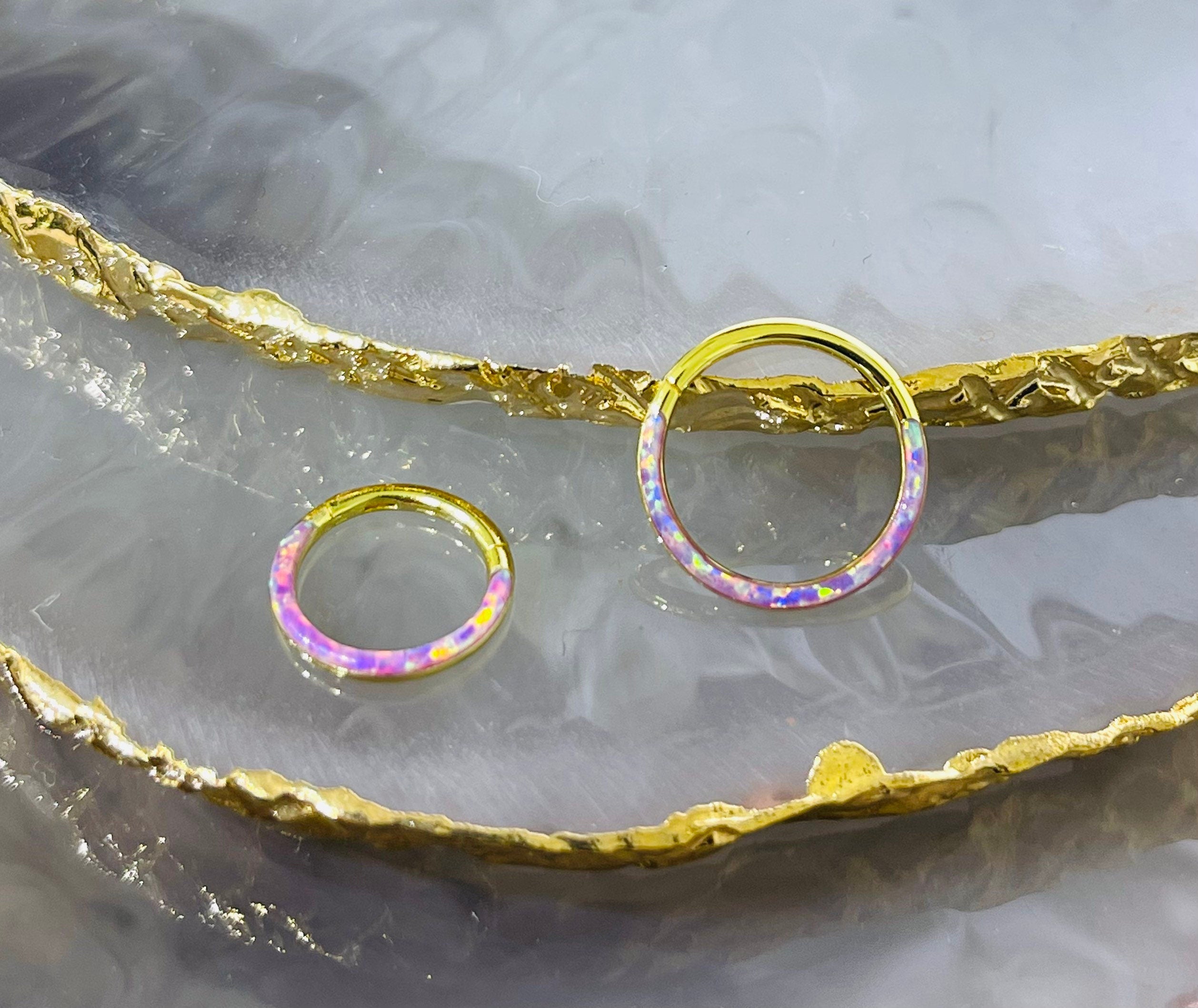 16G Surgical Steel Gold Pink Opal Inlay Front Facing Septum Clicker Ring. Septum Piercing.