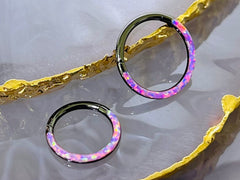 16G Black & Pink Opal Inlay Hinged Septum Clicker Ring. Septum Piercing. Septum Ring. Nose Ring. Body Jewelry.