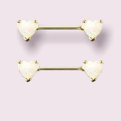 Pair of 14G Gold White Opal Hearts Nipple Barbell. Nipple Rings. Nipple Piercing. Nipple Jewelry.