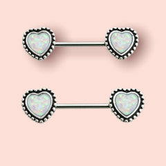 Pair of 14G Surgical Steel Antique Silver White Heart Opal Nipple Barbell. Nipple Piercing. Nipple Rings. Nipple Jewelry