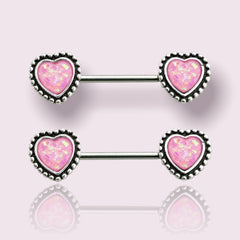 Pair of 14G Surgical Steel Antique Silver Pink Heart Opal Nipple Barbell. Nipple Piercing. Nipple Rings. Nipple Jewelry