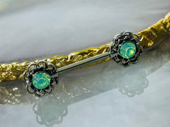 Pair of 14G Surgical Steel Antique Flower with Green Opal Nipple Barbell. Nipple Rings. Nipple Piercing. Nipple Jewelry.