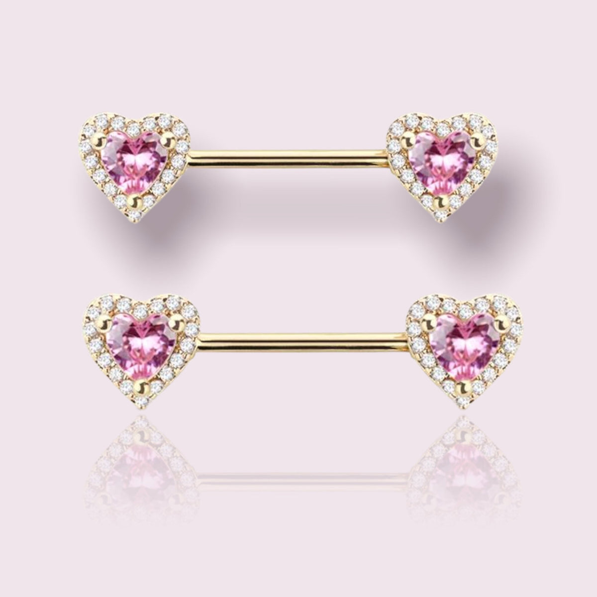 Pair of 14G Surgical Steel Gold Pink & Clear Gem Heart Nipple Barbell. Nipple Rings. Nipple Piercing. Nipple Jewelry.