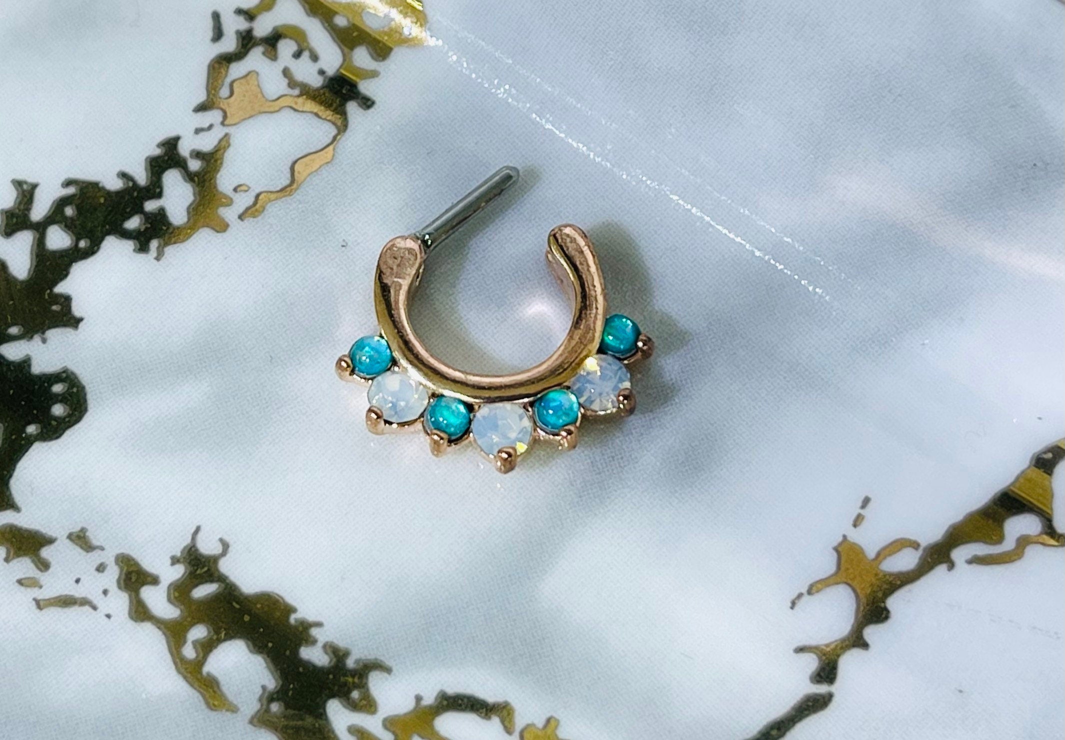 Rose Gold Prong White Opal Gems Septum Clicker Ring