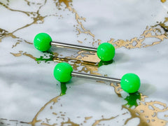 Pair of 14G Basic Petite Solid Green Nipple Barbell. Nipple Rings. Nipple Piercing. Nipple Jewelry. Petite Nipple Rings