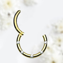 16G Gold Round Hinged Septum Clicker Ring with Multiple Clear Gems