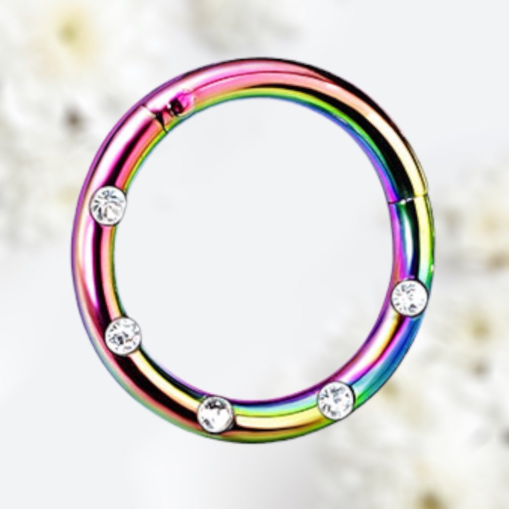 16G Rainbow Round Hinged Septum Clicker Ring with Multiple Clear Gems