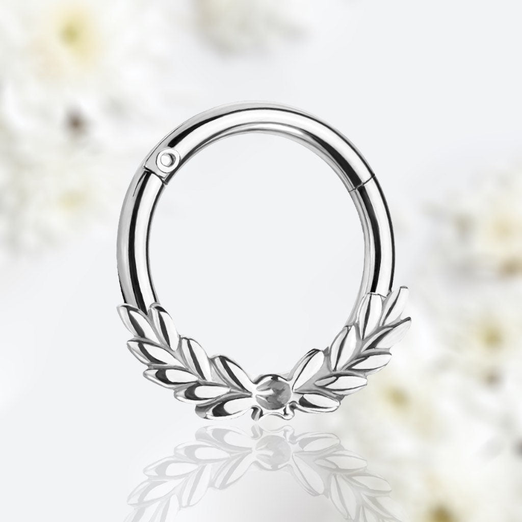 16G Silver Laurel Leaves Septum Clicker Hoop Ring.