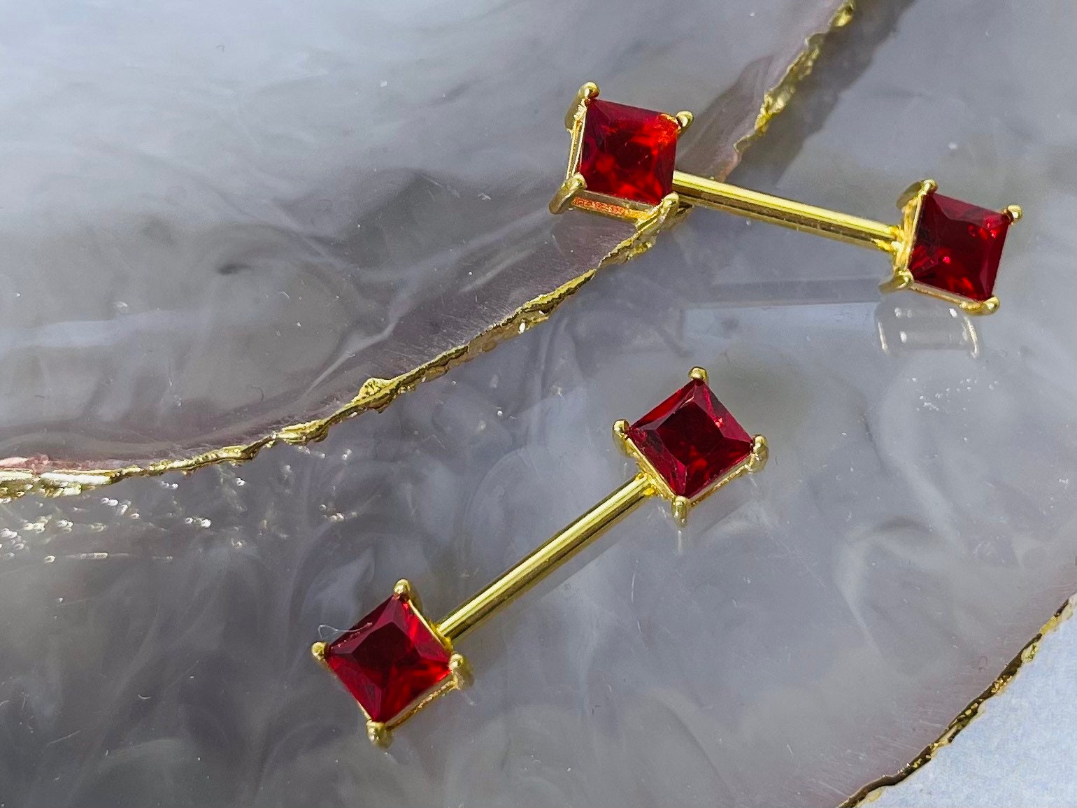 Pair of 14G Gold Sparkling Red Square Stone Nipple Barbell. Nipple Jewelry. Nipple Piercing.