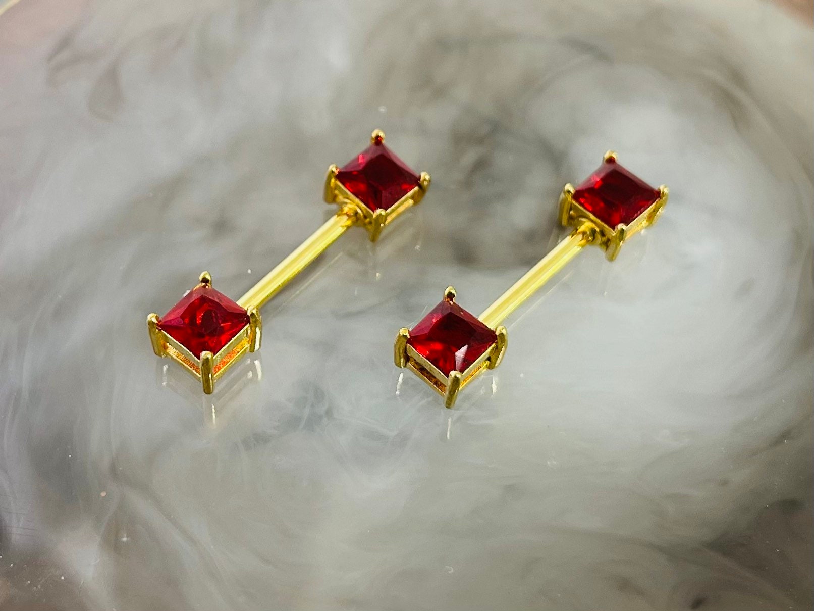 Pair of 14G Gold Sparkling Red Square Stone Nipple Barbell. Nipple Jewelry. Nipple Piercing.