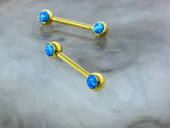 Pair of 14 Gold Internally Threaded Blue Opal End Nipple Barbell. Nipple Jewelry. Nipple Piercing. Nipple Rings.