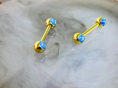 Pair of 14 Gold Internally Threaded Blue Opal End Nipple Barbell. Nipple Jewelry. Nipple Piercing. Nipple Rings.