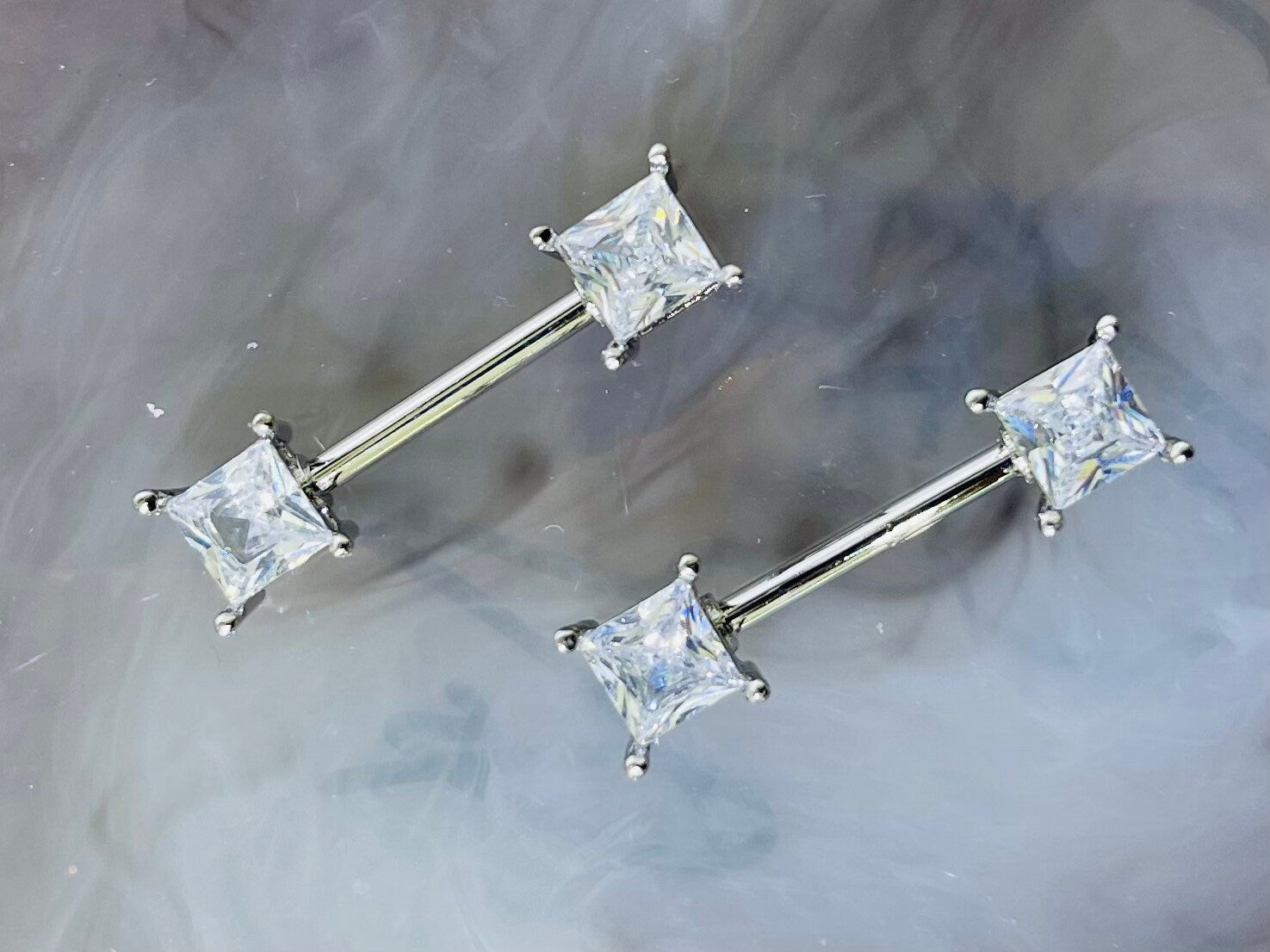 Pair of 14G Silver Sparkling Clear Square Stone Nipple Barbell. Nipple Jewelry. Nipple Piercing.