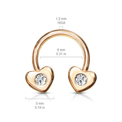 16G Rose Gold Clear Stone Heart Ends Horseshoe. Septum Ring. Nose Ring.