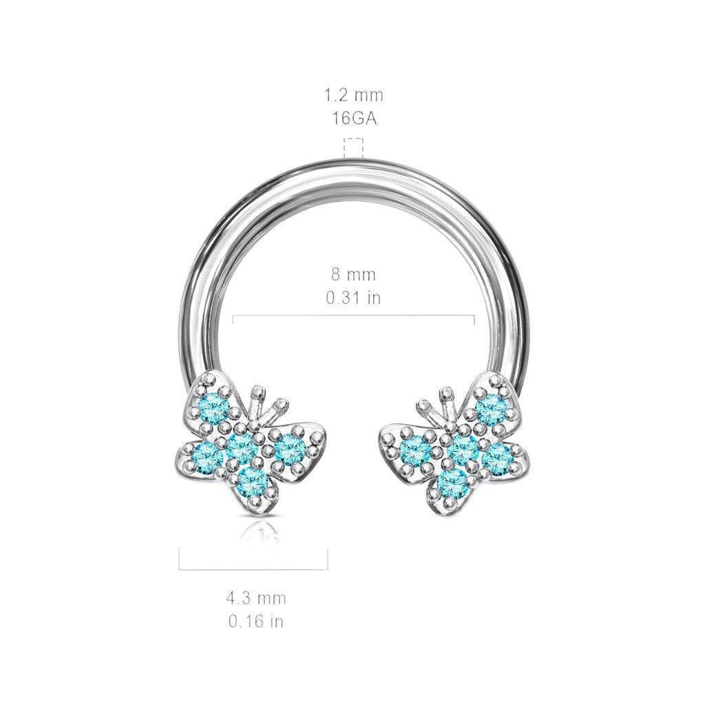 16G Sparkling Blue Butterfly Ends Horseshoe for Septum, Tragus & Cartilage Piercing.