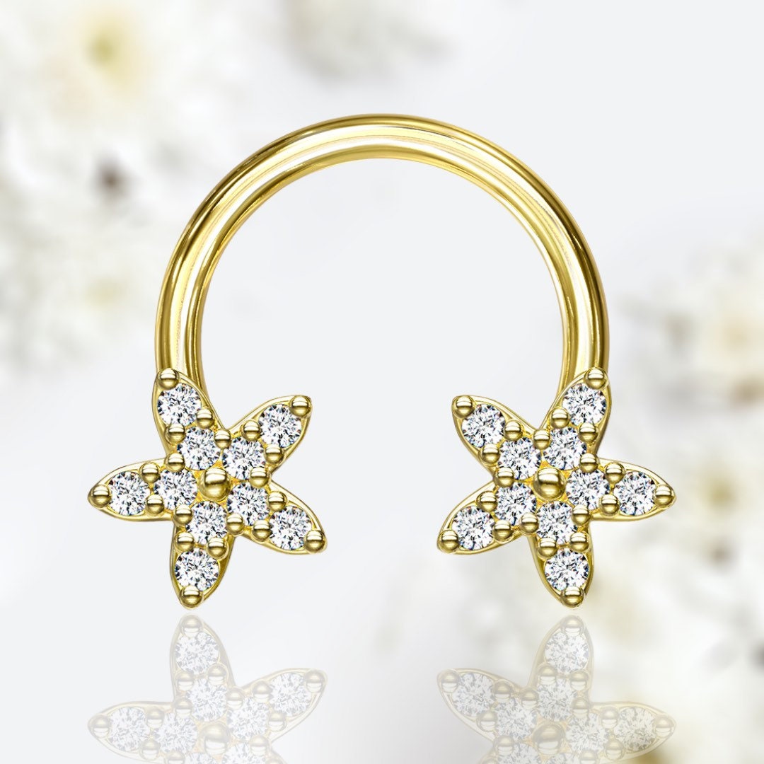 16G Gold Sparkling Flower Ends Horseshoe for Septum, Tragus & Cartilage Piercing.