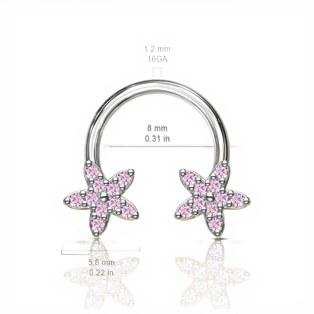 16G Pink Sparkling Flower Ends Horseshoe for Septum, Tragus & Cartilage Piercing.