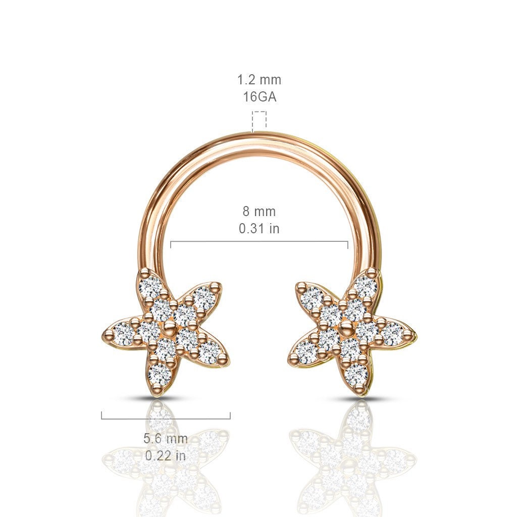 16G Rose Gold Sparkling Flower Ends Horseshoe for Septum, Tragus & Cartilage Piercing.