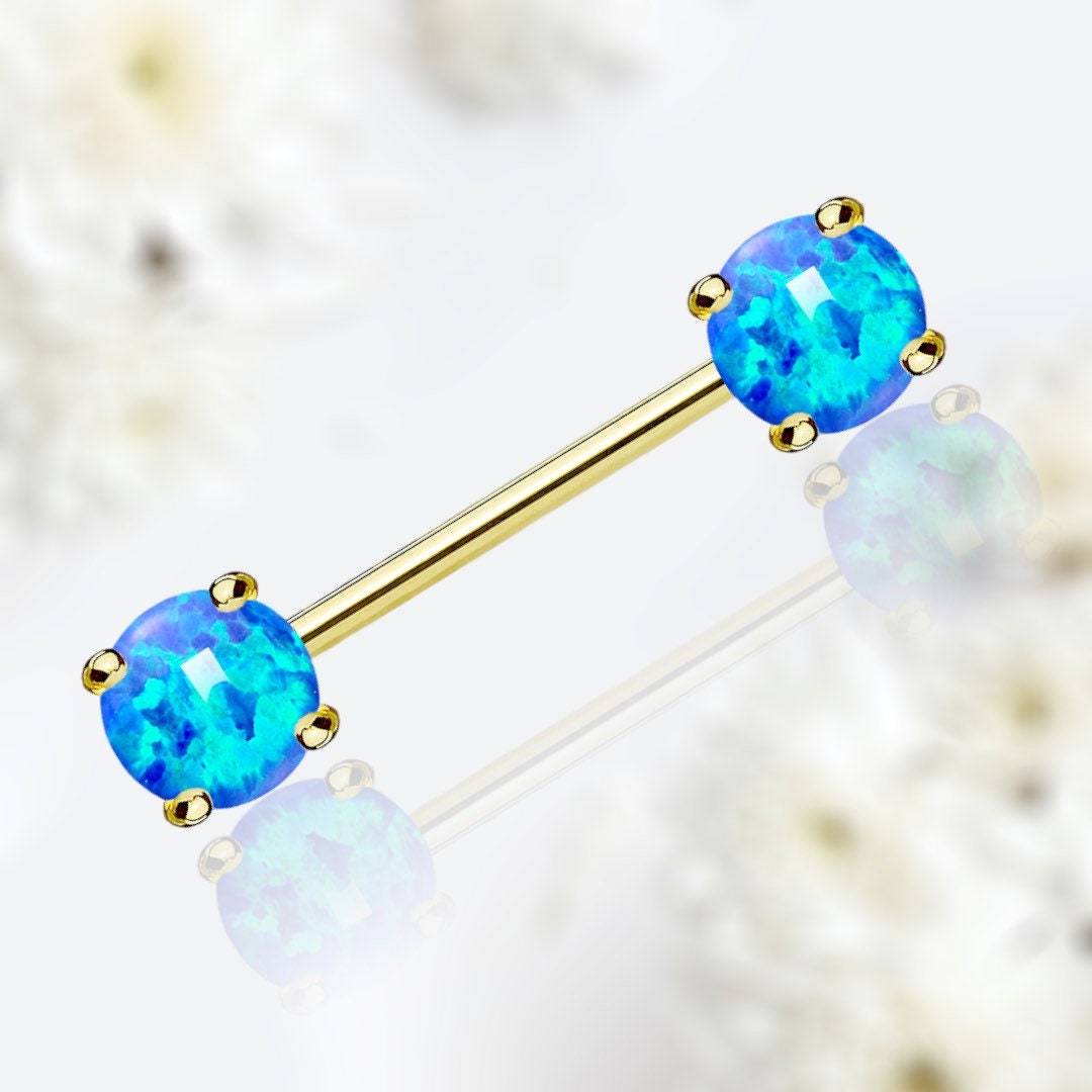 Pair of 14G Gold Blue Opal Prong Set Nipple Barbell. Nipple Rings. Nipple Piercing. Nipple Jewelry.