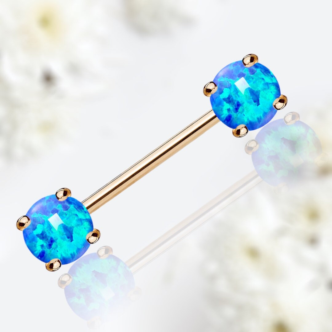 Pair of 14G Rose Gold Blue Opal Prong Set Nipple Barbell. Nipple Rings. Nipple Piercing. Nipple Jewelry.