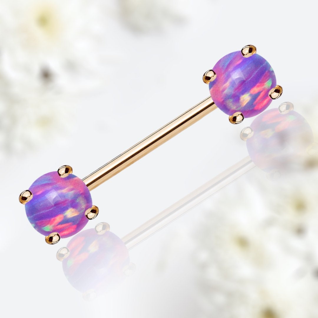 Pair of 14G Rose Gold Purple Opal Prong Set Nipple Barbell. Nipple Rings. Nipple Piercing. Nipple Jewelry.