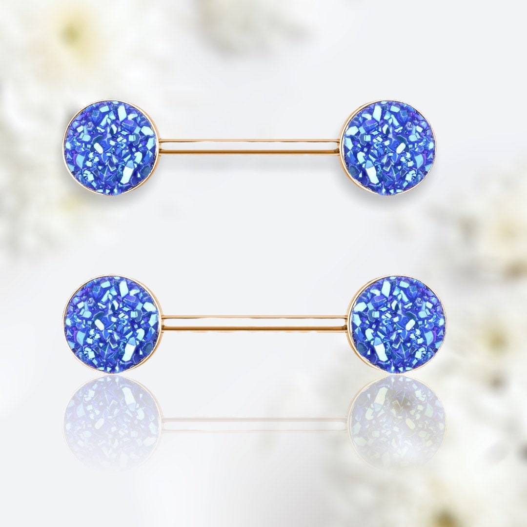 Pair of 14G Rose Gold Blue Druzy Stone Ends Nipple Barbell. Nipple Piercing. Nipple Rings. Nipple Jewelry.