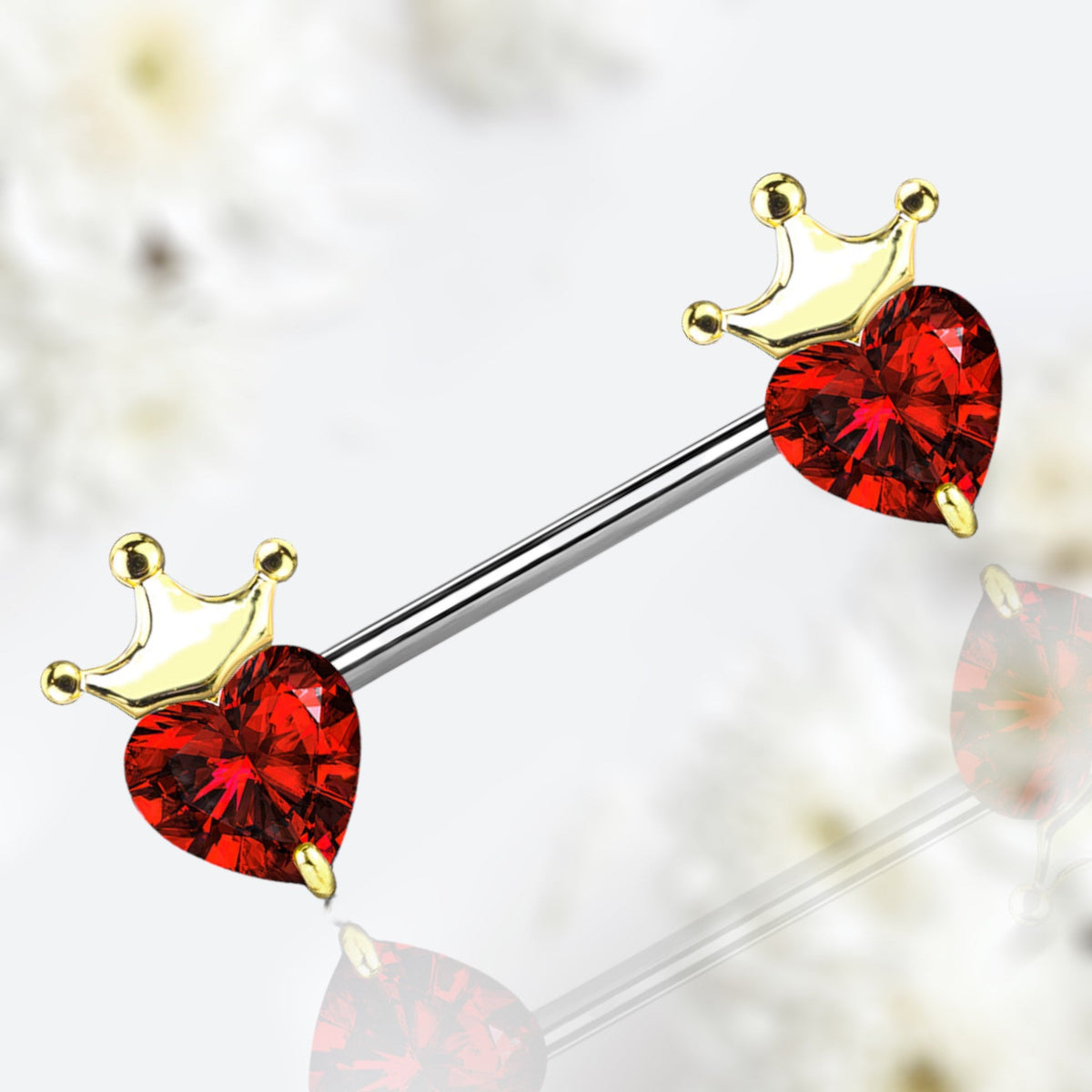 Pair of 14G Red Heart & Gold Crown Top Nipple Barbell. Nipple Piercing. Nipple Ring. Nipple Jewelry