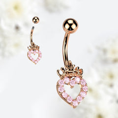 14G Pink Stone Heart & Crown Top Rose Gold Belly Button Ring. Belly Ring. Navel Piercing. Body Jewelry. Body Piercing.